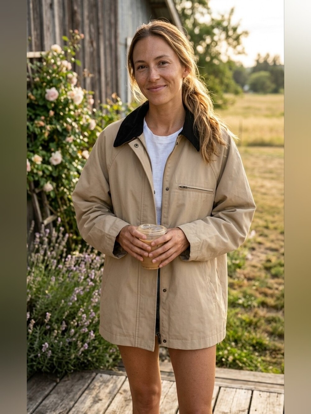 NIA Galilea Worker Barn Jacket Tan Corduroy Collar Women's Sz Small & Medium NWT